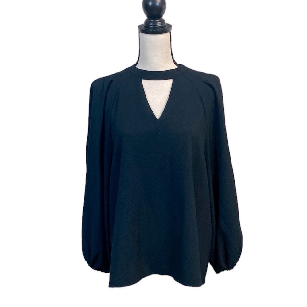 Marc Bouwer Black Stretch Crepe V-Neck Choker Blouse Large